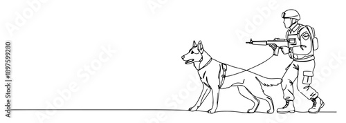 military dog handler patrolling with weapon monoline