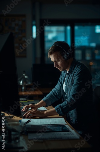 Person Works Late at Night at Desk With Computer and Headphones in a Dimly Li...