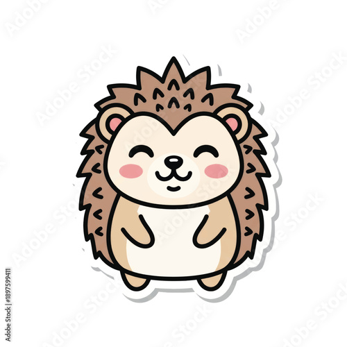 Cute cartoon hedgehog character standing with rosy cheeks and friendly smile in a playful style.