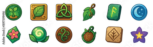 Collection of colorful fantasy game icons featuring nature symbols, magic runes, Celtic knots, leaves, flowers, and celestial elements for a user interface design
