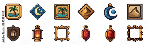 Collection of retro pixel art game assets featuring fantasy icons like gems, lanterns, ornate frames, and landscape badges for a user interface or inventory design