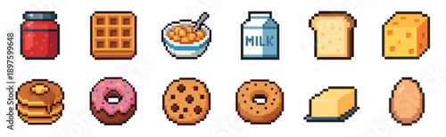 Collection of pixel art food icons featuring various breakfast and snack items like pancakes, donuts, milk, and cheese, rendered in a retro 8-bit video game graphic style