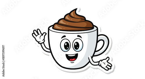 Cheerful cartoon coffee mug with a smiling face and waving arms.