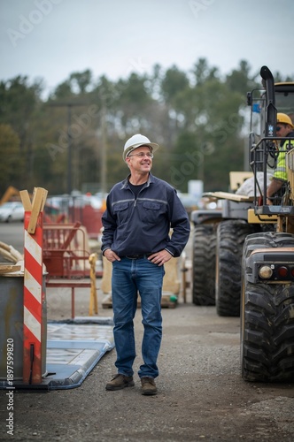 Construction Worker Stands on Site With Machinery and Coworkers During Workda...