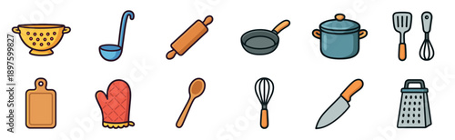 Collection of colorful cartoon kitchen utensils and cookware icons including a pot, pan, knife, grater, rolling pin, and whisk arranged in a neat grid