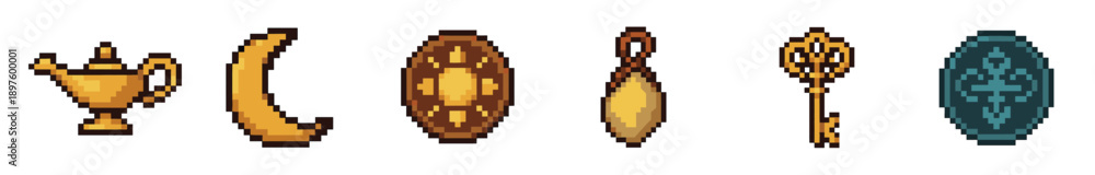 Obraz premium Pixel art set of fantasy video game icons featuring a magic lamp, crescent moon, shield, amulet, and ornate key for a retro 8-bit RPG adventure asset collection