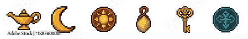 Pixel art set of fantasy video game icons featuring a magic lamp, crescent moon, shield, amulet, and ornate key for a retro 8-bit RPG adventure asset collection