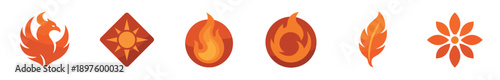 Set of six fire-themed vector icons featuring a phoenix, sun, flame, feather, and flower in a modern flat graphic design style for branding and identity concepts