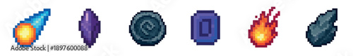 Set of six pixel art game icons featuring magical items like a fireball, ice comet, purple crystal, and stone shards for a fantasy RPG