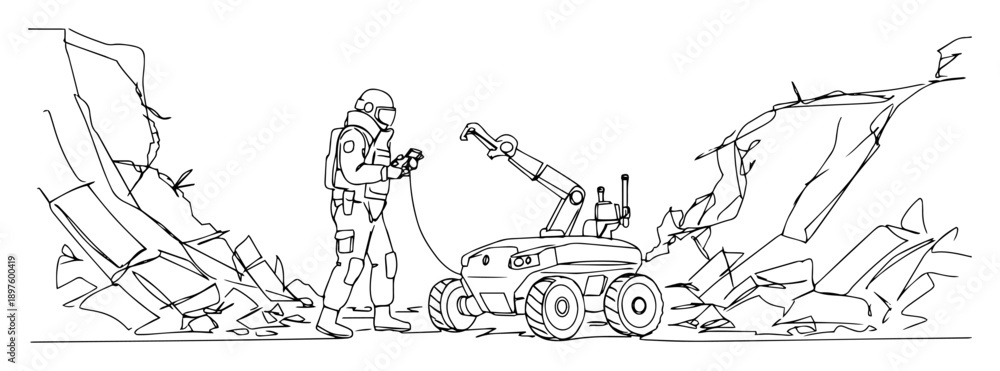 Obraz premium explosive ordnance disposal robot with operator – continuous line art in a vector format with a simple black outline