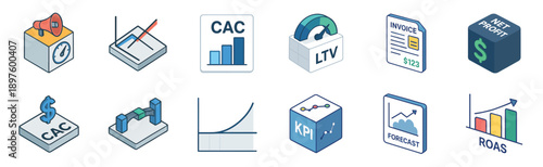 Colorful isometric business and marketing icon set with symbols for net profit, KPI, ROAS, and financial forecasting for data analysis and strategic planning presentations