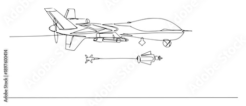combat drone aircraft launching missiles – continuous line art in a vector format with a simple black outline