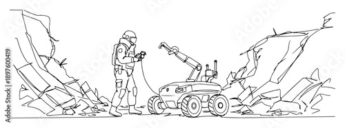 explosive ordnance disposal robot with operator – continuous line art in a vector format with a simple black outline