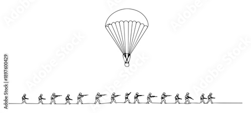 paratrooper jump and landing – continuous line art in a vector format with a simple black outline