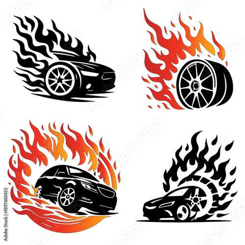 Flaming Car and Fire Vehicle Vector Icons