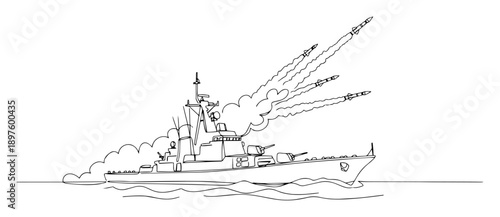 naval warship launching multiple missiles – continuous line vector drawing in minimalist modern black style
