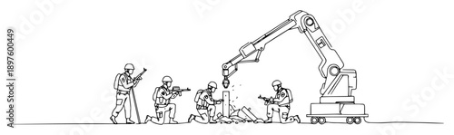rescue robot assisting wounded soldiers – continuous-line silhouette