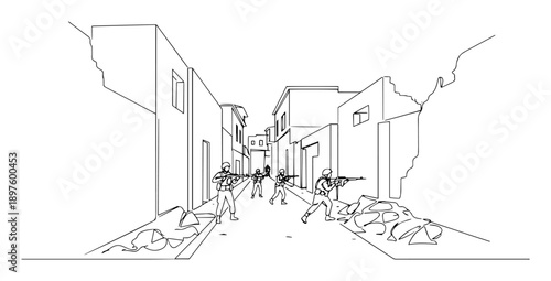 urban combat in narrow street – continuous-line silhouette