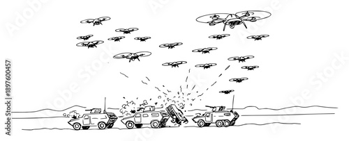 drone swarm attacking convoy – continuous-line silhouette