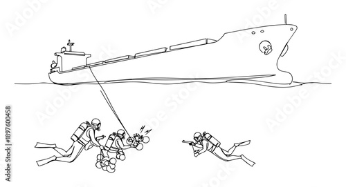 divers conducting underwater operation near ship – continuous-line silhouette
