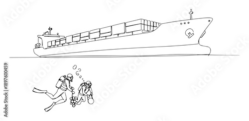 scuba divers inspecting cargo ship hull – continuous-line silhouette