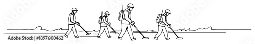 soldiers searching with metal detectors – illustration one continuous line clean vector look