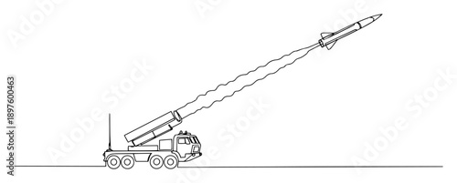 military truck launching missile in combat – illustration one continuous line clean vector look