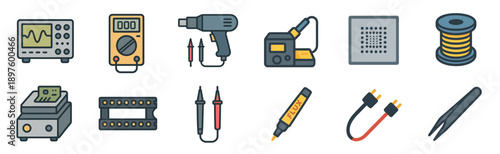 Set of electronics repair tool icons including a multimeter, oscilloscope, soldering station, and other equipment for diagnostics and assembly, presented in a colorful flat vector illustration style