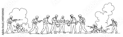 soldiers evacuating wounded under fire – illustration one continuous line clean vector look
