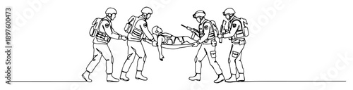 soldiers carrying injured comrade on stretcher – illustration one continuous line clean vector look