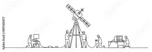 ground team operating military satellite – illustration one continuous line clean vector look
