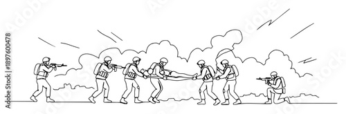 field evacuation of injured soldier in battle – illustration one continuous line clean vector look
