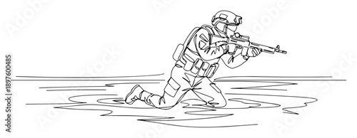 soldier kneeling in shallow water aiming rifle – monoline drawing clean modern vector line art