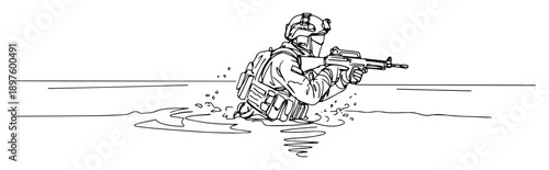 soldier advancing through water with rifle – monoline drawing clean modern vector line art
