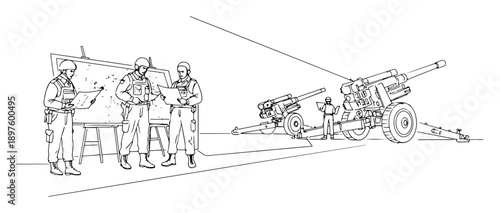 artillery crew preparing for fire mission – monoline drawing clean modern vector line art