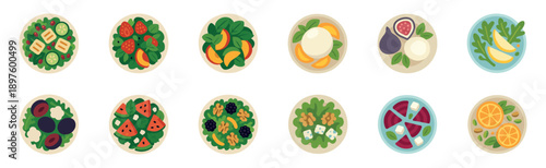 Collection of twelve different healthy salad bowls with fresh fruits, vegetables, cheese, and nuts, a top-down flat vector illustration set showing a variety of nutritious meal options