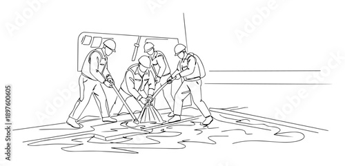 soldiers loading wounded onto helicopter – black-and-white continuous line design