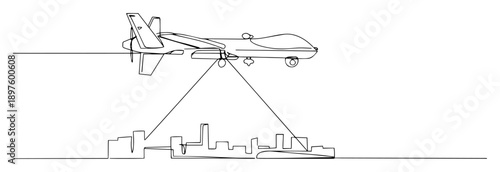 surveillance drone scanning urban area – black line art on white background