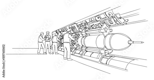technicians working on missile system – black-and-white continuous line design