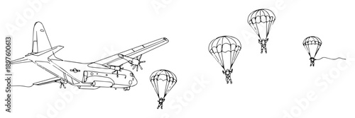 aircraft dropping paratroopers during mission – black line art on white background