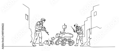 bomb squad operating robot in alley – black-and-white continuous line design