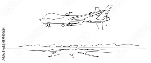 combat drone flying over battlefield – black line art on white background