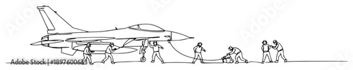 ground crew preparing fighter jet – black-and-white continuous line design