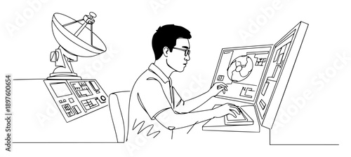 analyst monitoring satellite network systems – clean and modern black-and-white line drawing