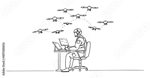 specialist controlling drone swarm remotely – clean and modern black-and-white line drawing