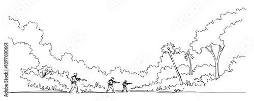 soldiers patrolling jungle path – clean and modern black-and-white line drawing