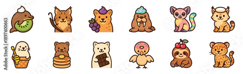 Set of twelve adorable food-themed animal characters featuring a kiwi dolphin, cherry sloth, and pancake bear in a cute kawaii sticker pack illustration