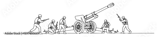 artillery crew operating large cannon – clean line vector illustration