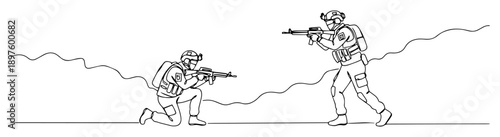 two soldiers aiming rifles in standoff – clean line vector illustration