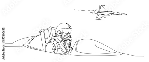 fighter pilot in cockpit during mission – clean line vector illustration